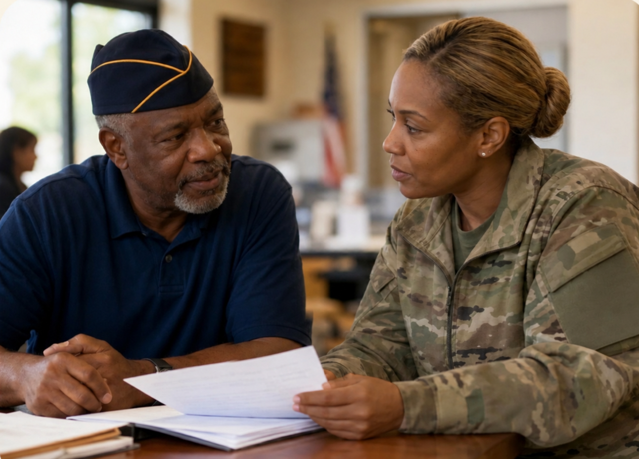 Veteran reviewing benefit paperwork with a caseworker